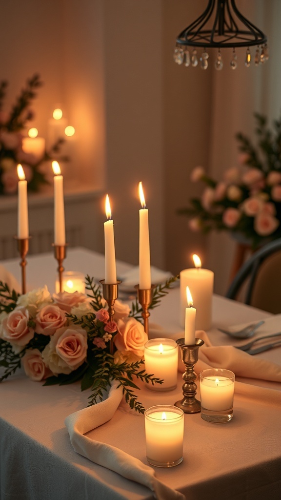 Romantic candlelit table decoration for a bridal shower with roses and candles