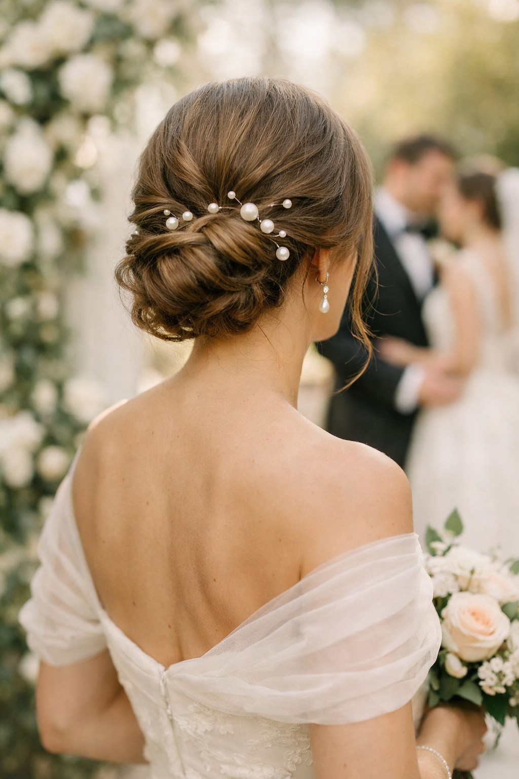 Elegant romantic chignon hairdo adorned with pearls, suitable for a wedding guest style.
