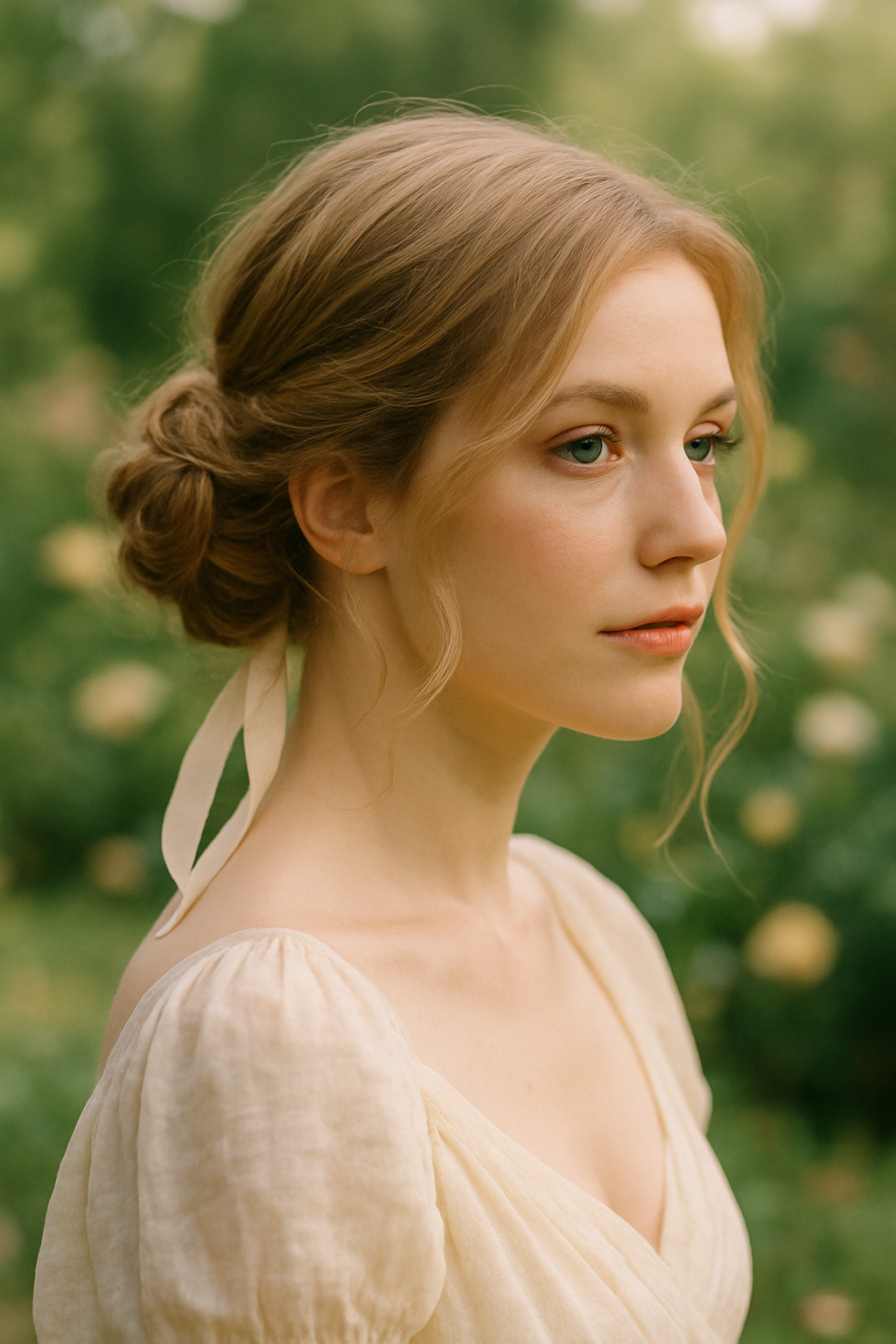 A woman with a romantic chignon hairstyle adorned with ribbons, set against a lush green background.