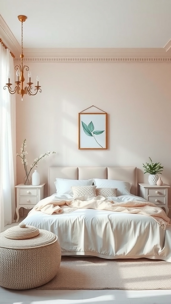 A romantic bedroom with soft hues, featuring blush pink walls, white bedding, and warm lighting.