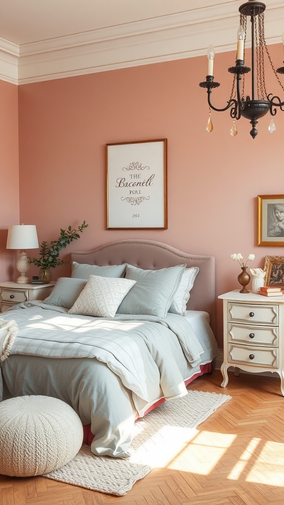 A romantic bedroom featuring dusty rose walls and gray bedding, with elegant decor.
