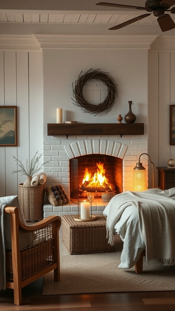 Cozy farmhouse bedroom with a romantic fireplace, woven chair, and warm decor.