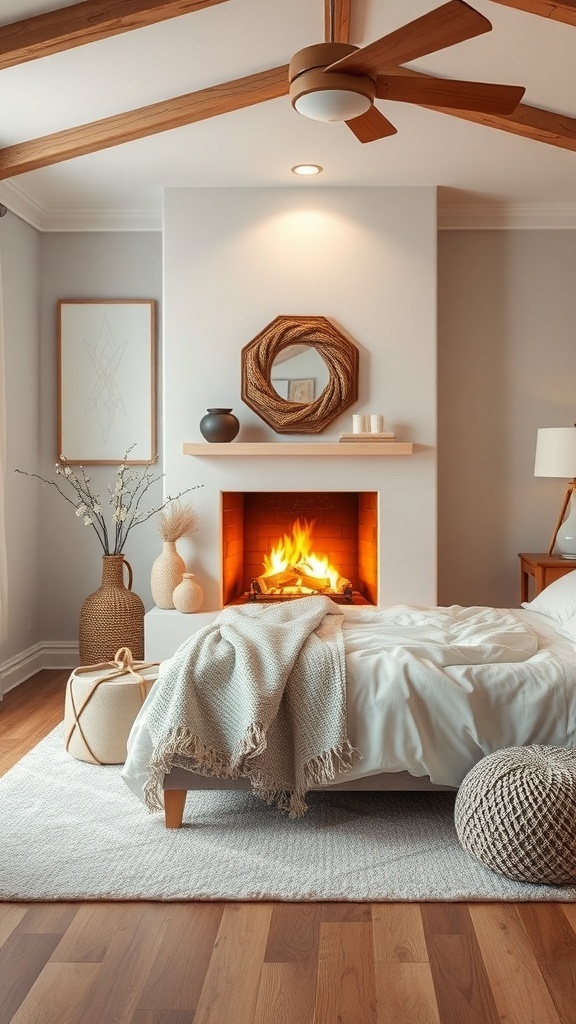 Cozy bedroom with a fireplace, neutral decor, and soft bedding