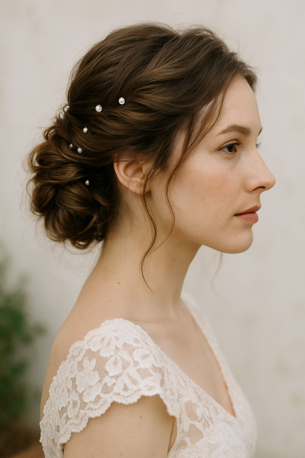 A side view of a woman with a romantic fishtail braid adorned with pearls, wearing a lace dress.