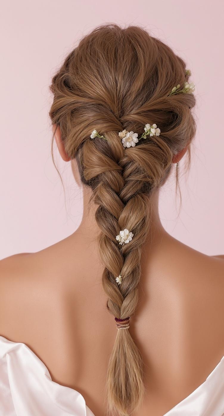 A romantic fishtail braid updo with flowers, perfect for bridesmaids.