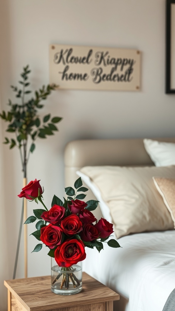 A bouquet of red roses in a glass vase on a wooden nightstand in a cozy bedroom setting.