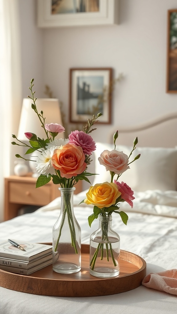 A romantic floral arrangement with roses and daisies in glass vases on a wooden tray in a bedroom setting.