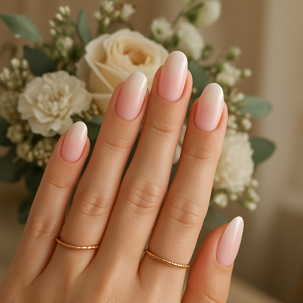 Close-up of hands with ombre wedding nails, featuring a gradient from pink to white, surrounded by white flowers.
