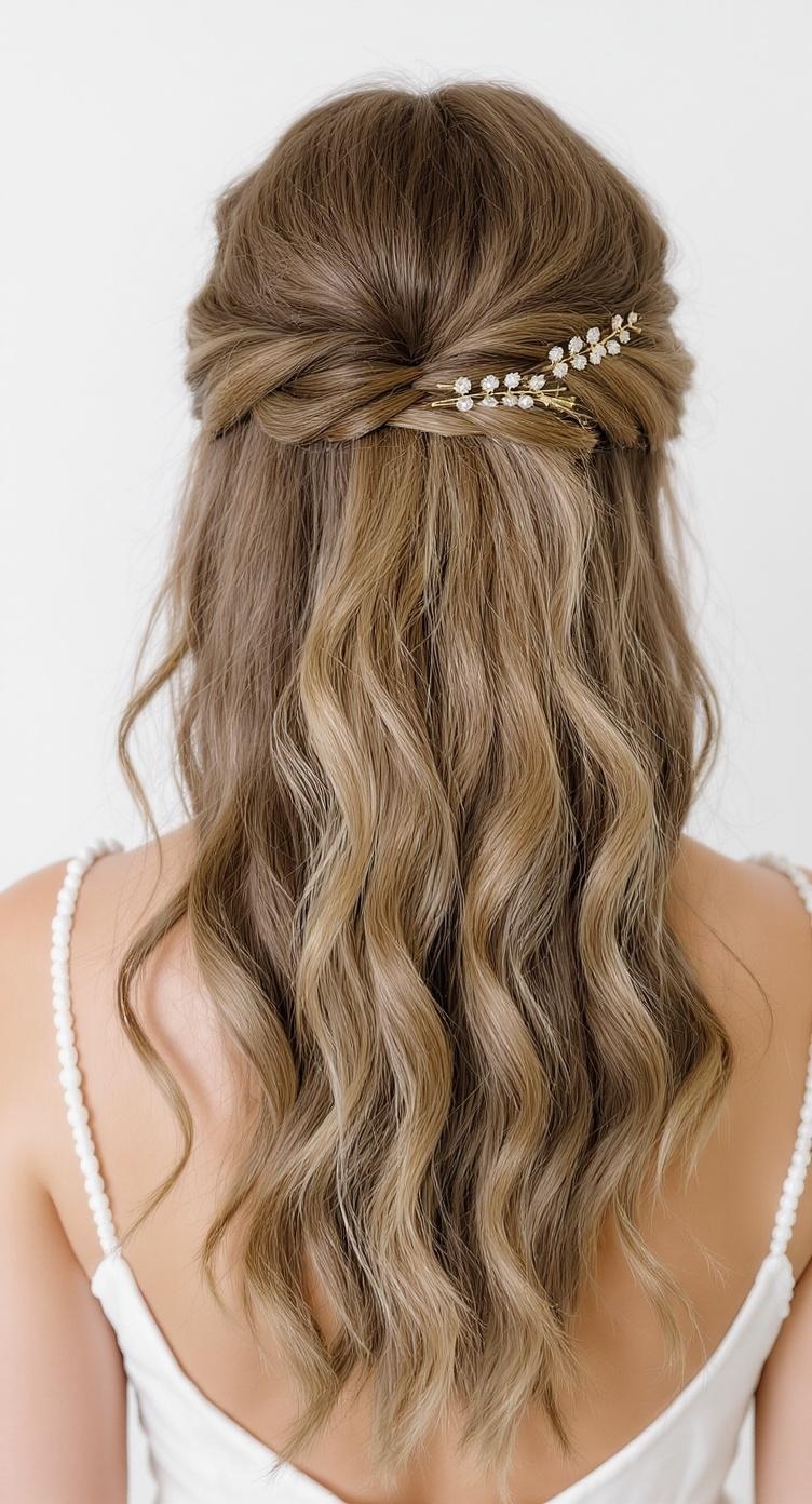 A romantic half-up half-down hairstyle for bridesmaids with long hair, featuring soft waves and decorative hair pins.