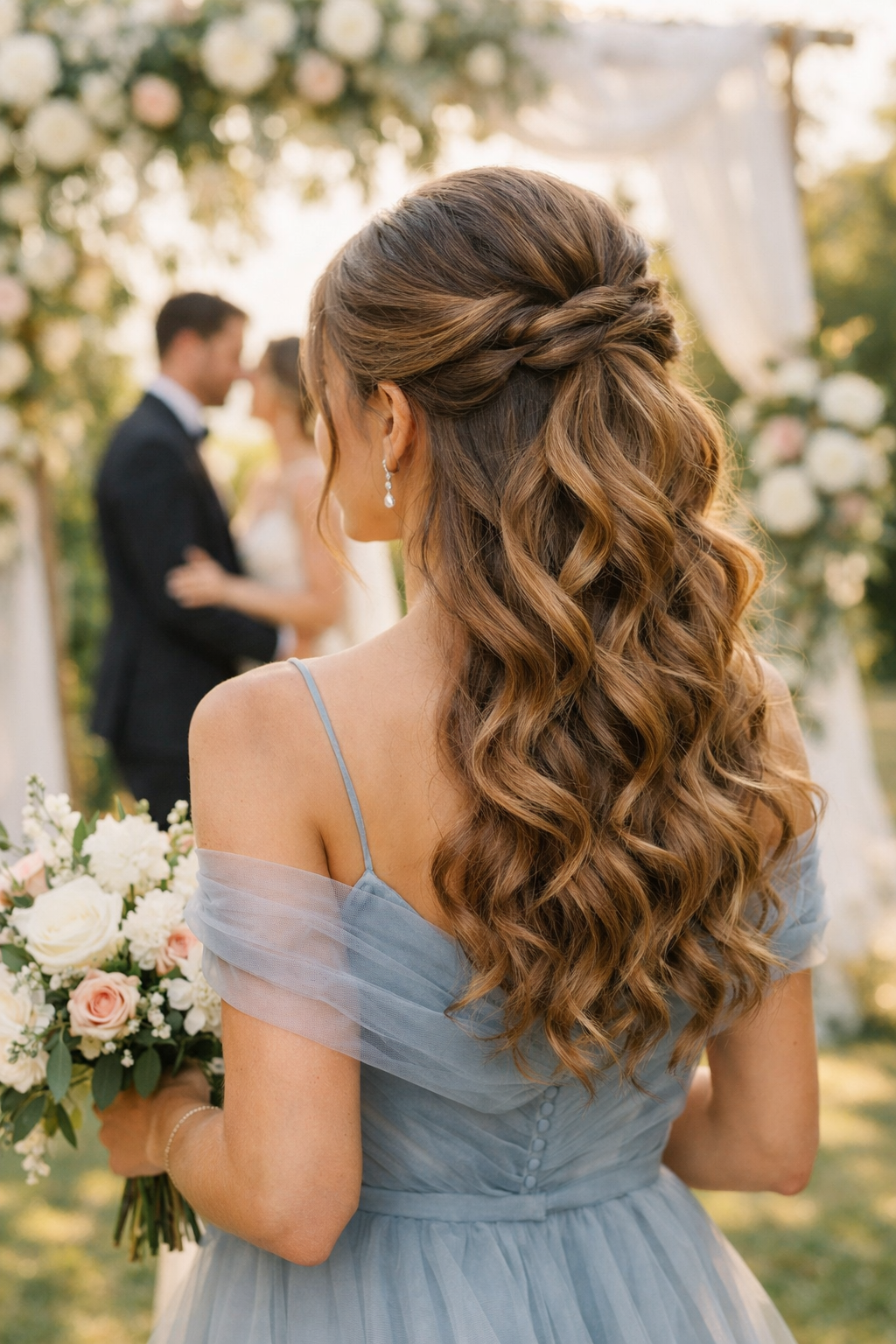 A romantic half-up ponytail hairstyle at a wedding with soft curls and a clear view of the bouquet.