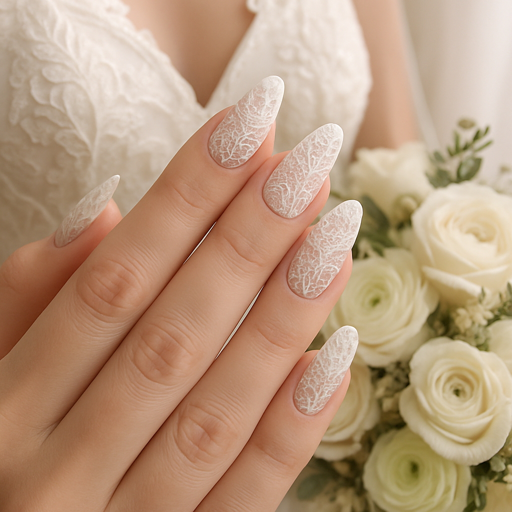 Elegant white lace nail art on long almond-shaped nails, paired with a bouquet of white roses.