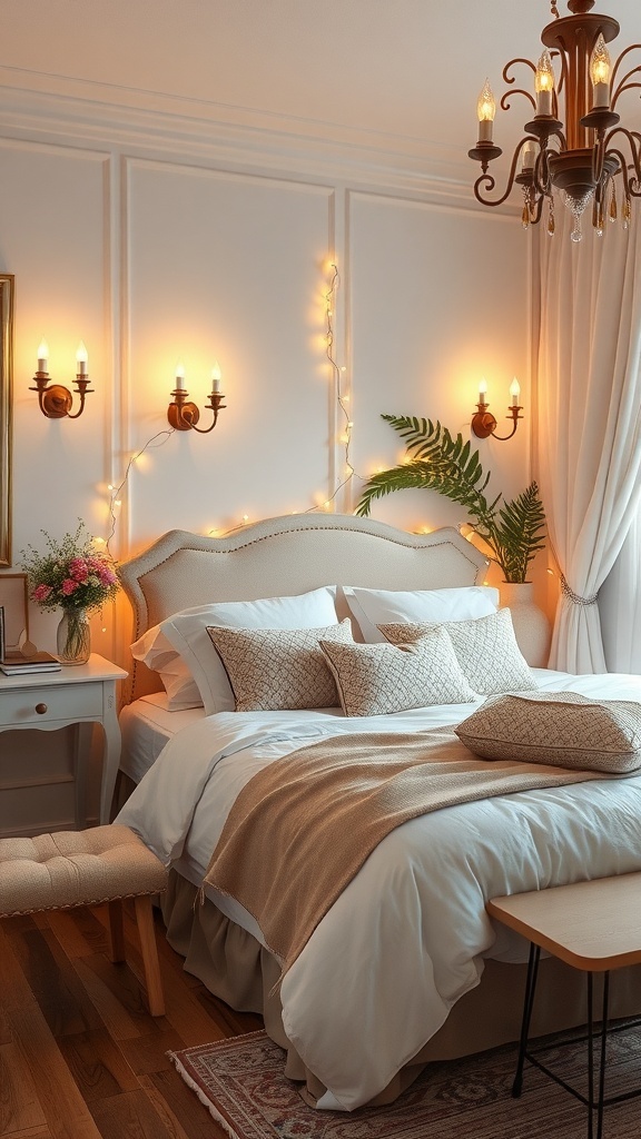 A romantic French bedroom with soft lighting, featuring wall sconces, a chandelier, and fairy lights.