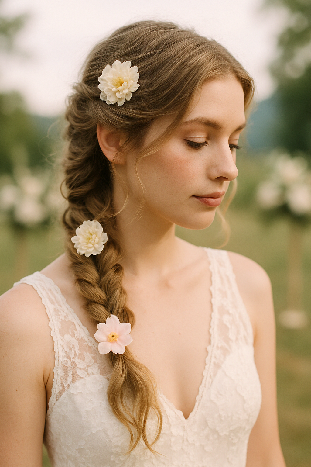A bride with a loose braid hairstyle adorned with flowers, wearing a lace wedding dress.