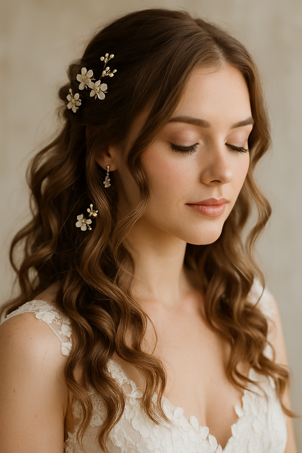 Bride with loose curls and floral hair accessories