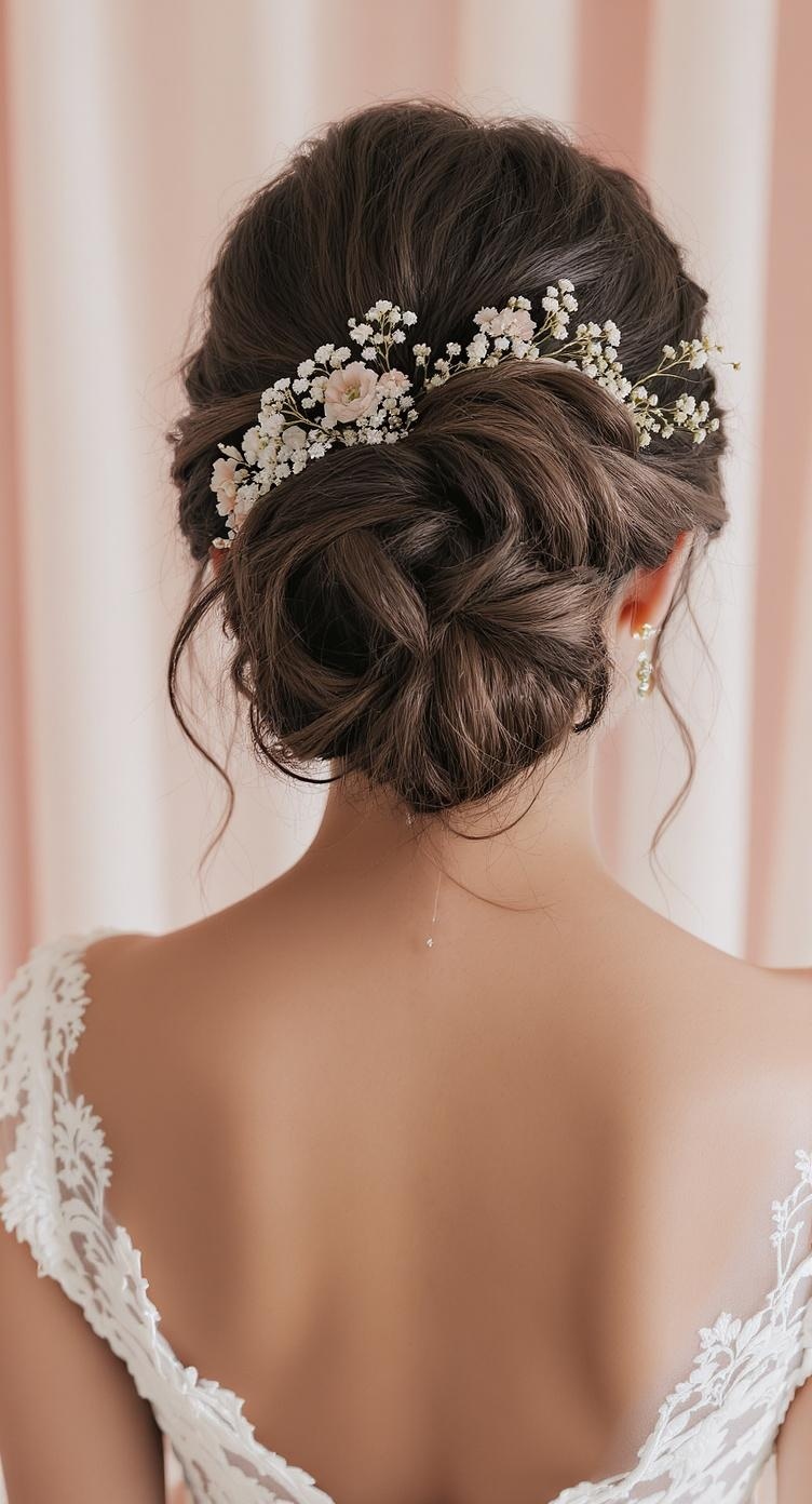A romantic loose curly bun hairstyle adorned with flowers, viewed from the back.