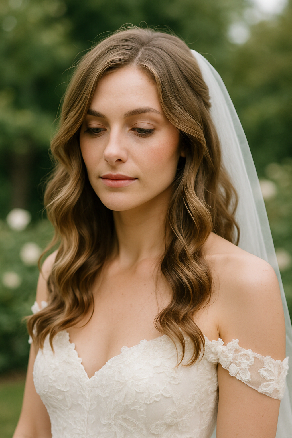 Bride with loose waves hairstyle and veil