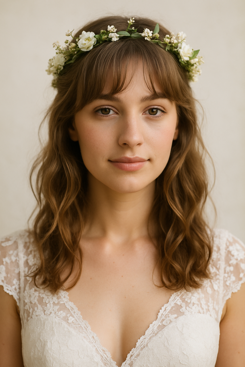 A bride with loose waves and bangs, wearing a floral crown.
