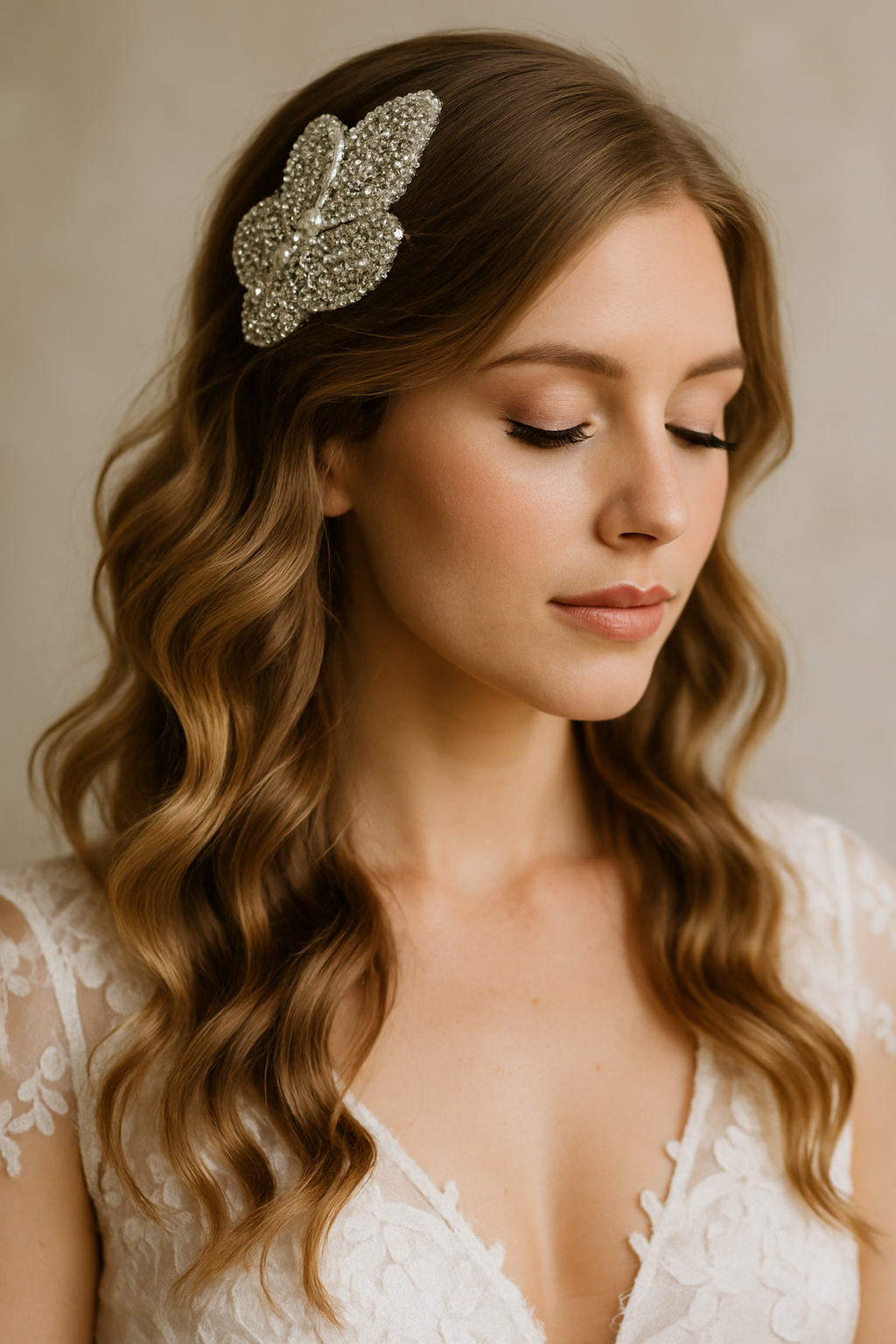 A bride with loose waves and a beaded fascinator, showcasing a romantic hairstyle.