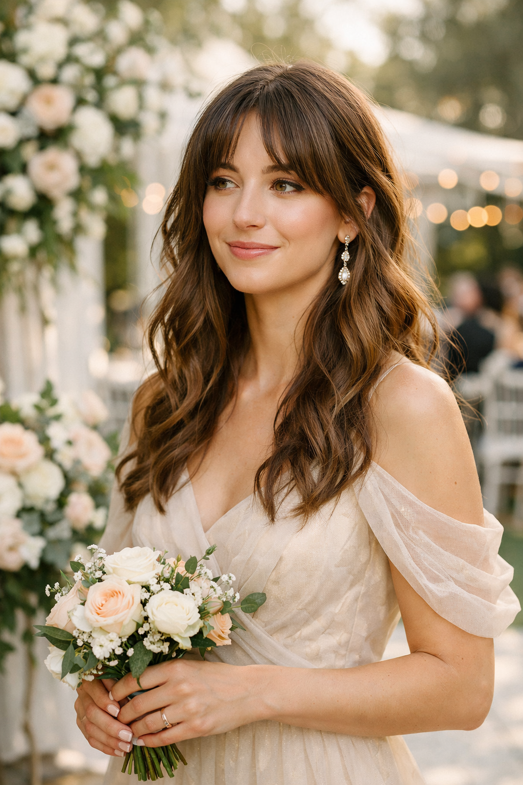 A woman with long loose waves and curtain bangs, holding a bouquet, dressed for a wedding.