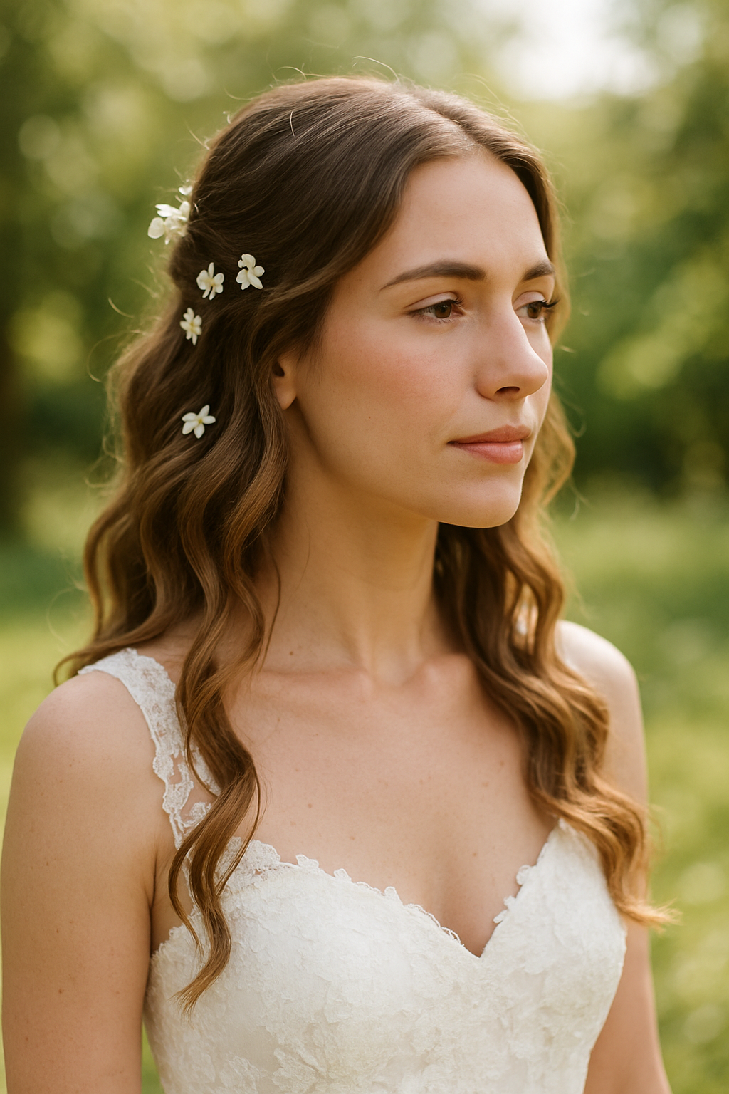 Bride with loose waves and floral accents in her hair
