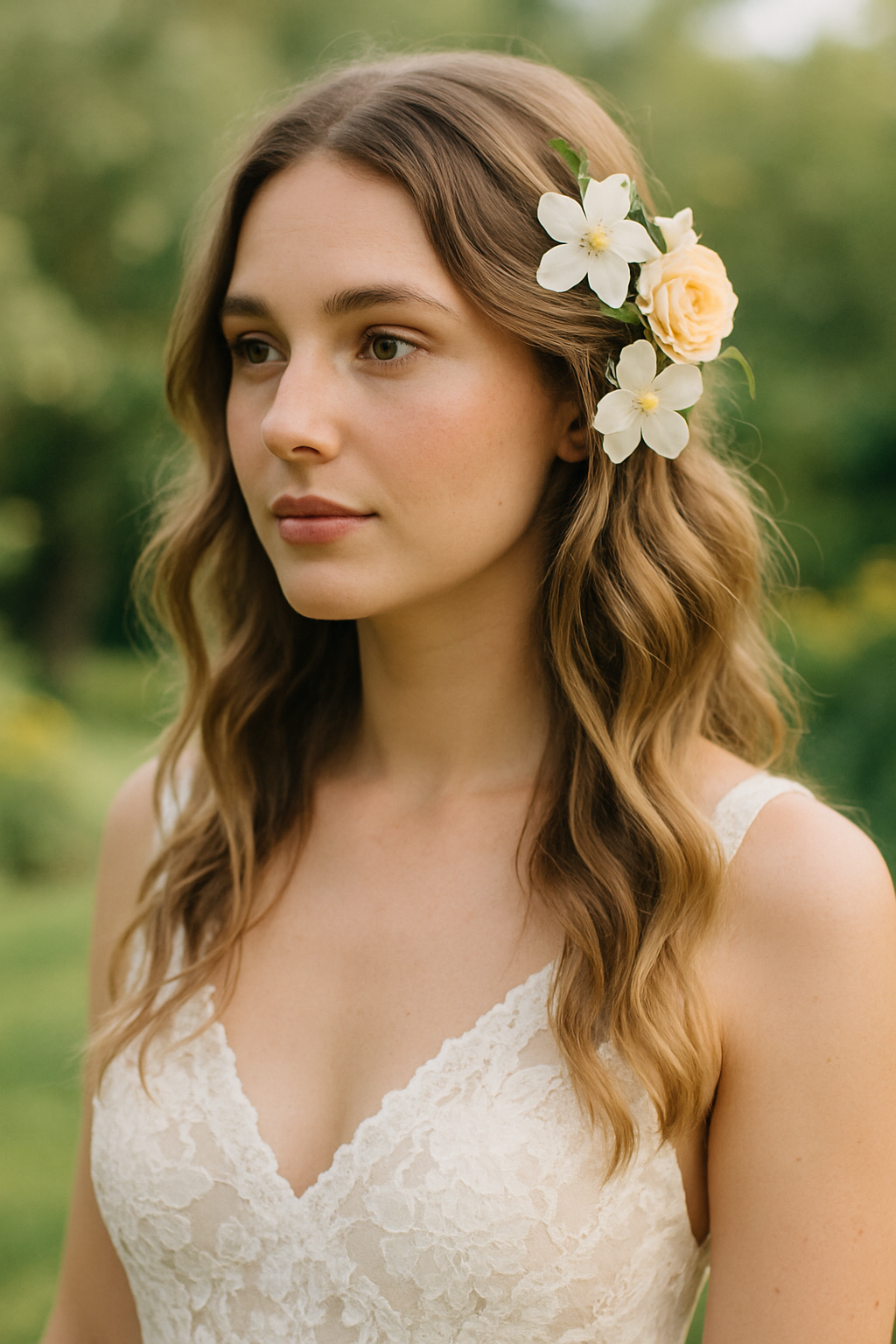 A woman with loose waves and floral accents in her hair, wearing a lace wedding dress.