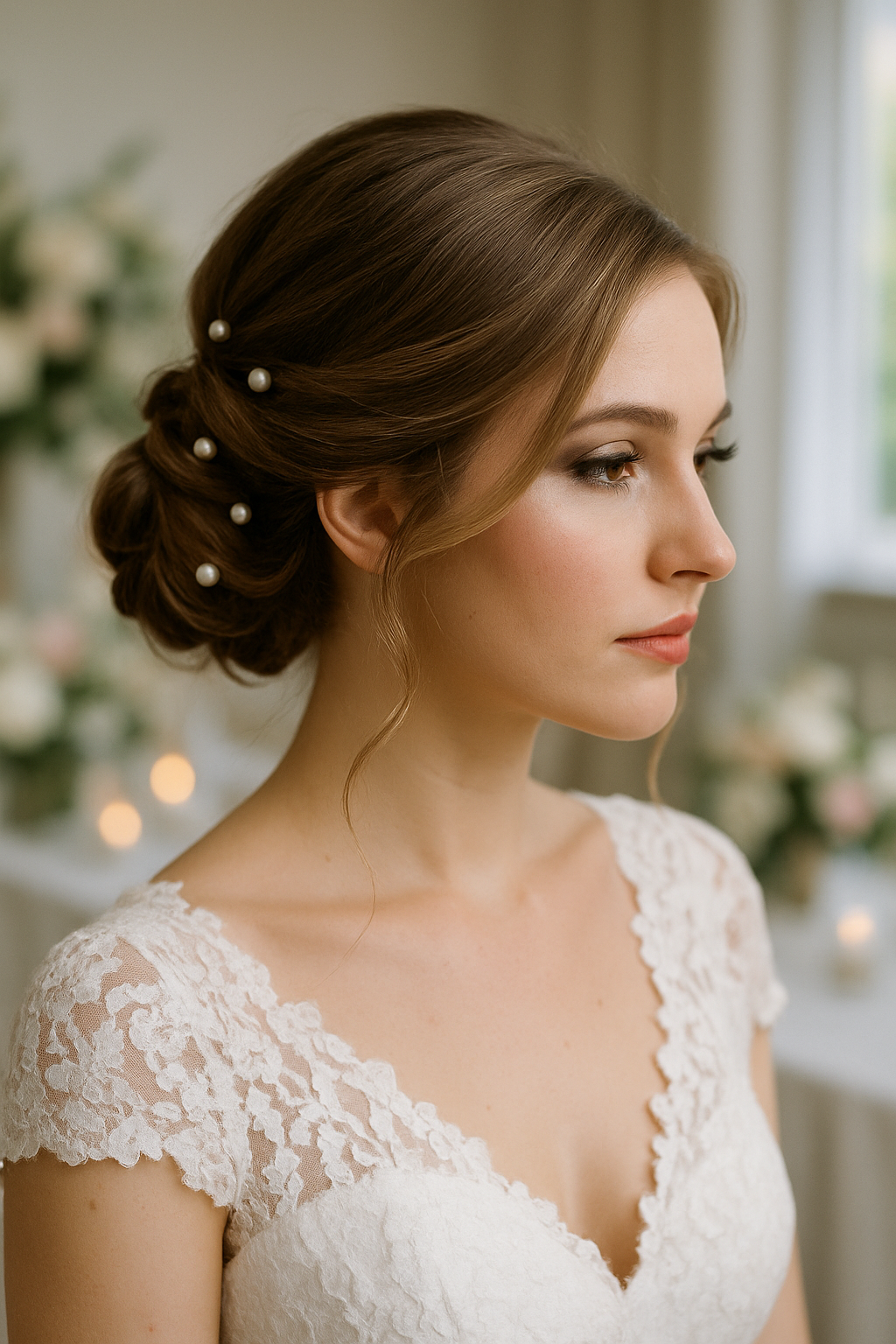 Bride with a romantic low chignon hairstyle adorned with pearls