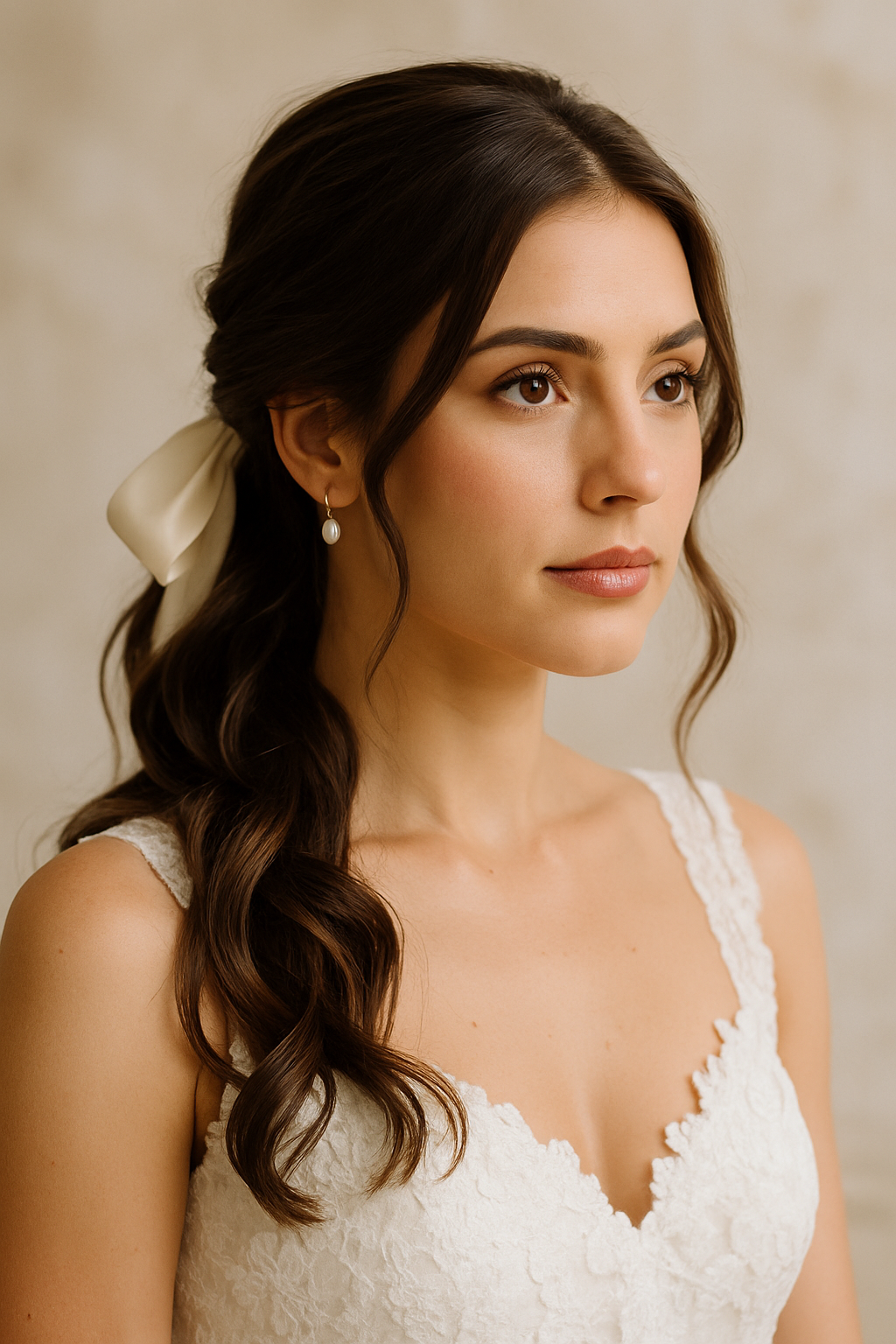 A bride with brunette hair styled in a romantic low ponytail with a ribbon.