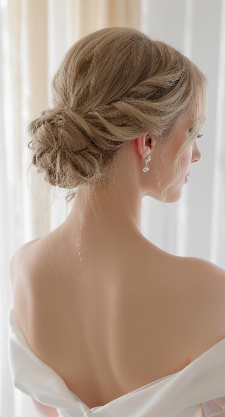 A romantic low ponytail hairstyle with soft tendrils, perfect for bridesmaids.