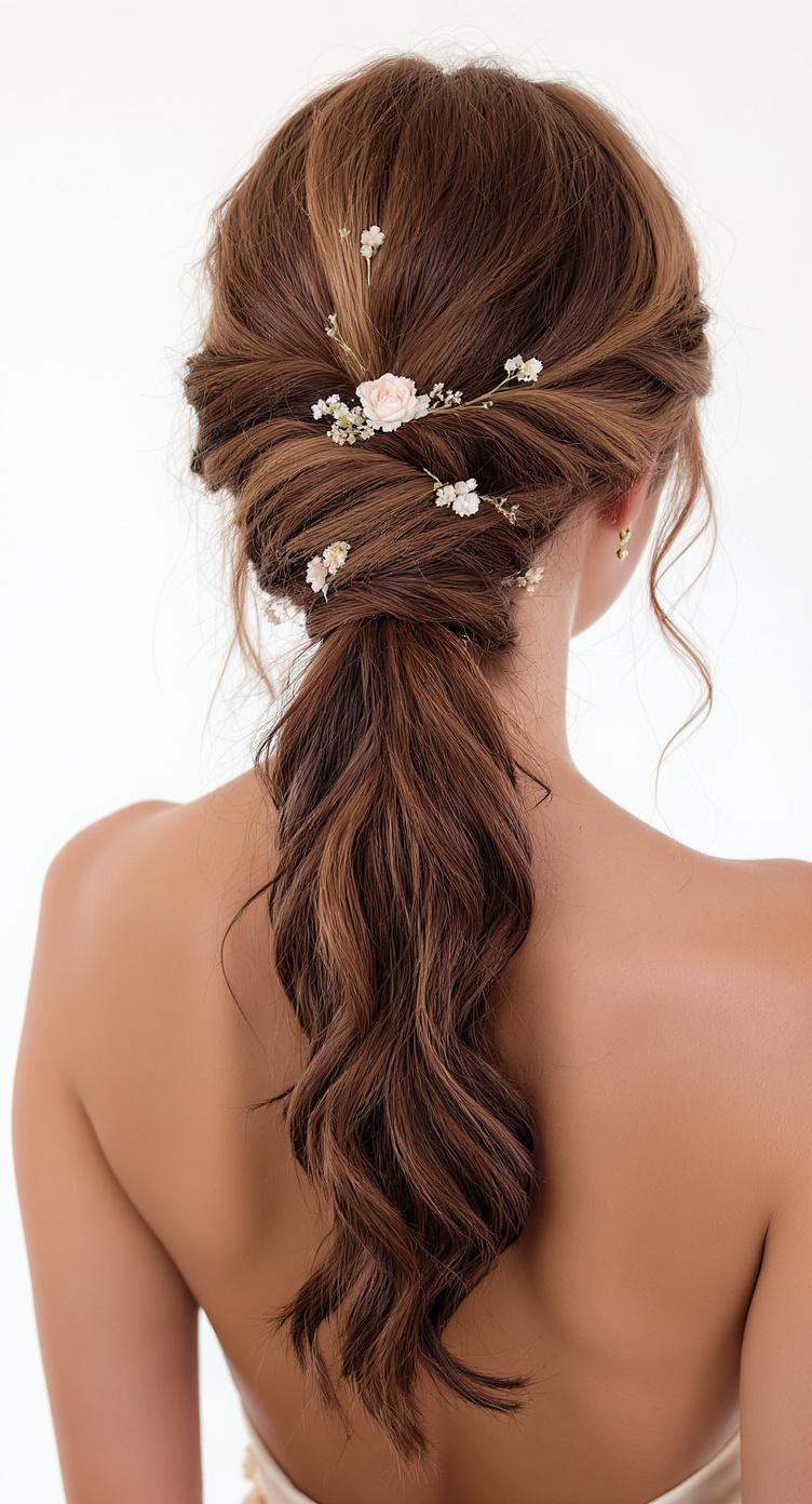 A romantic low ponytail hairstyle with soft waves and floral accents.