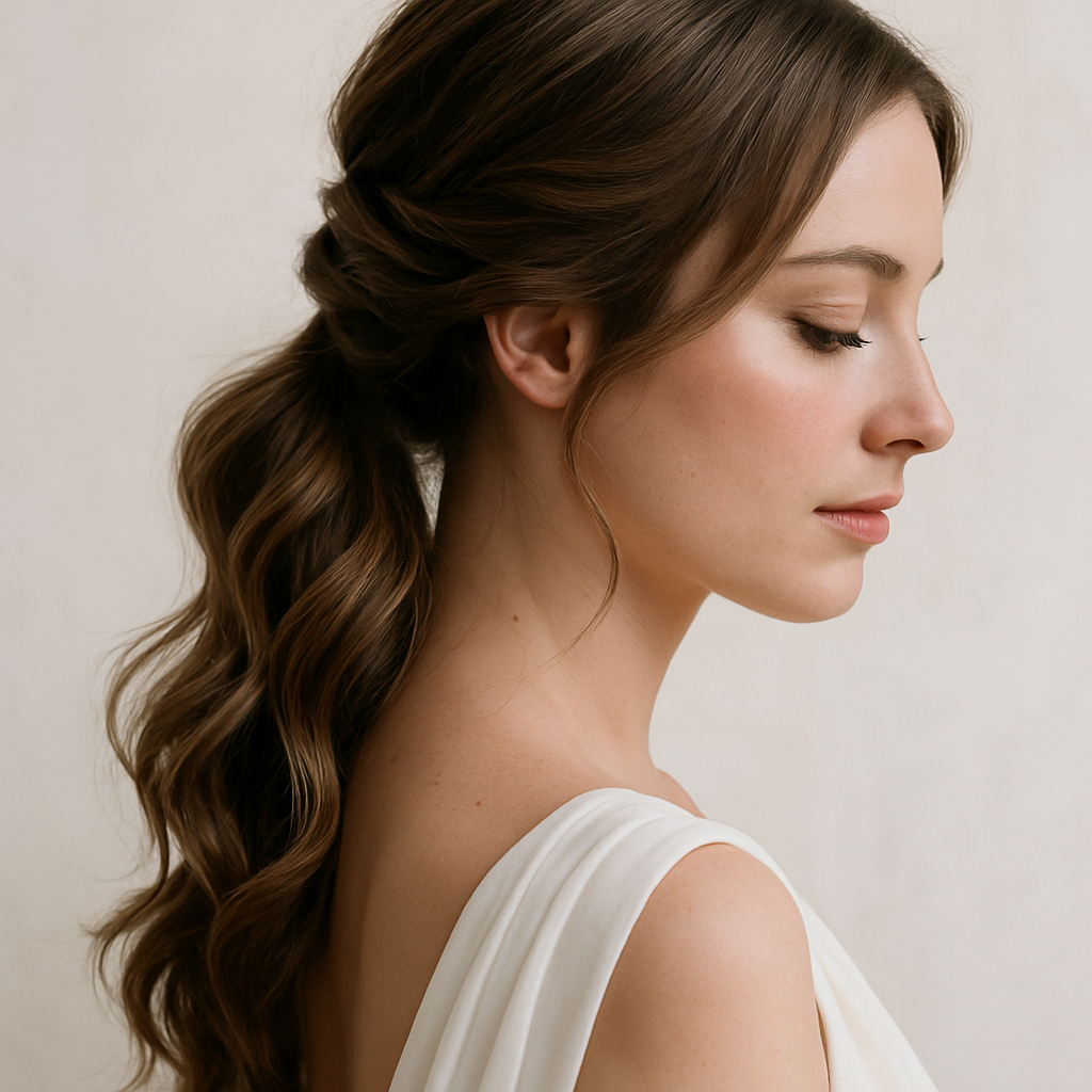 A side profile of a woman with a romantic low ponytail featuring soft waves, wearing a white dress.
