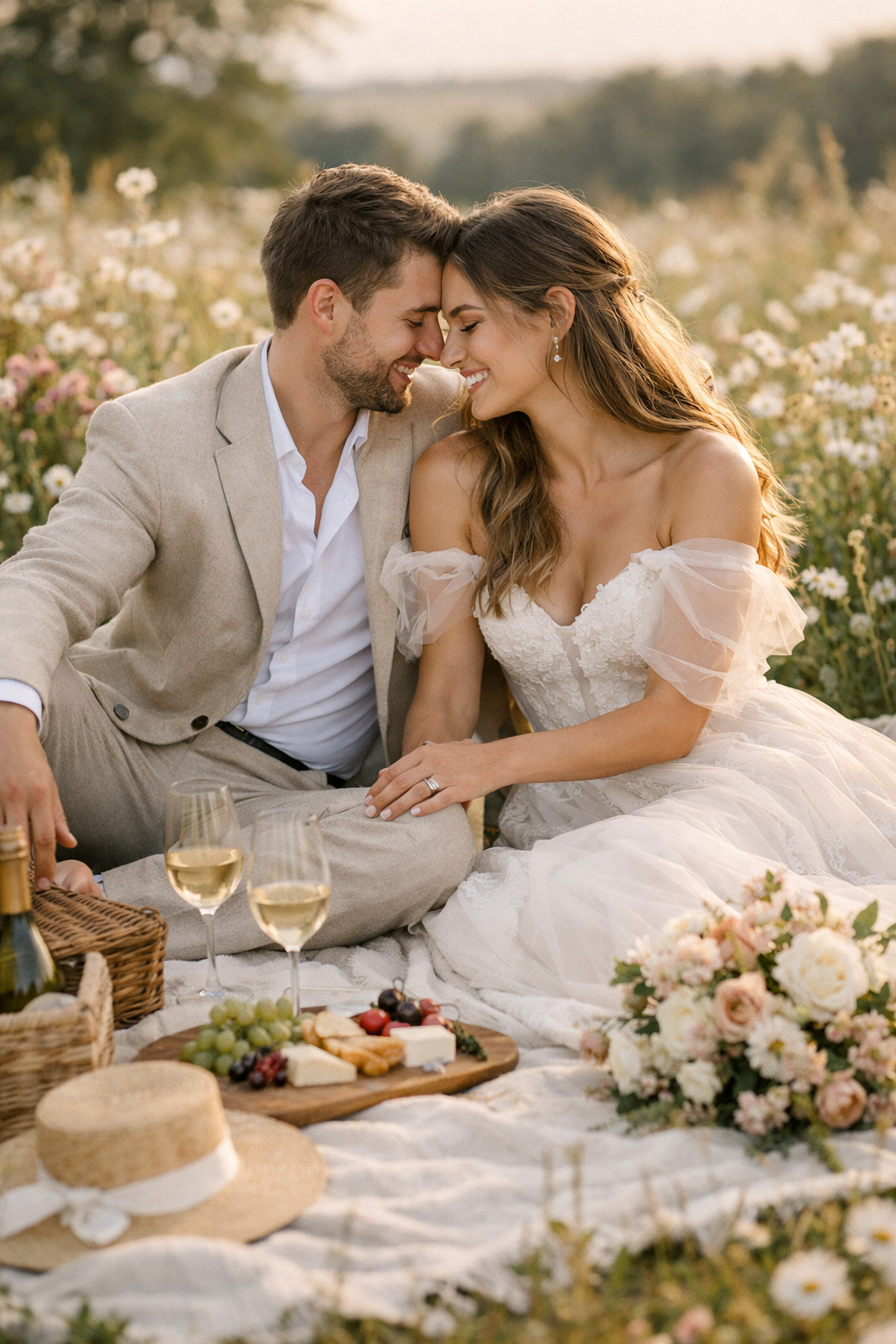 A couple sharing a romantic picnic in a flower field, with a cozy setup including wine, fruits, and a beautiful bouquet.