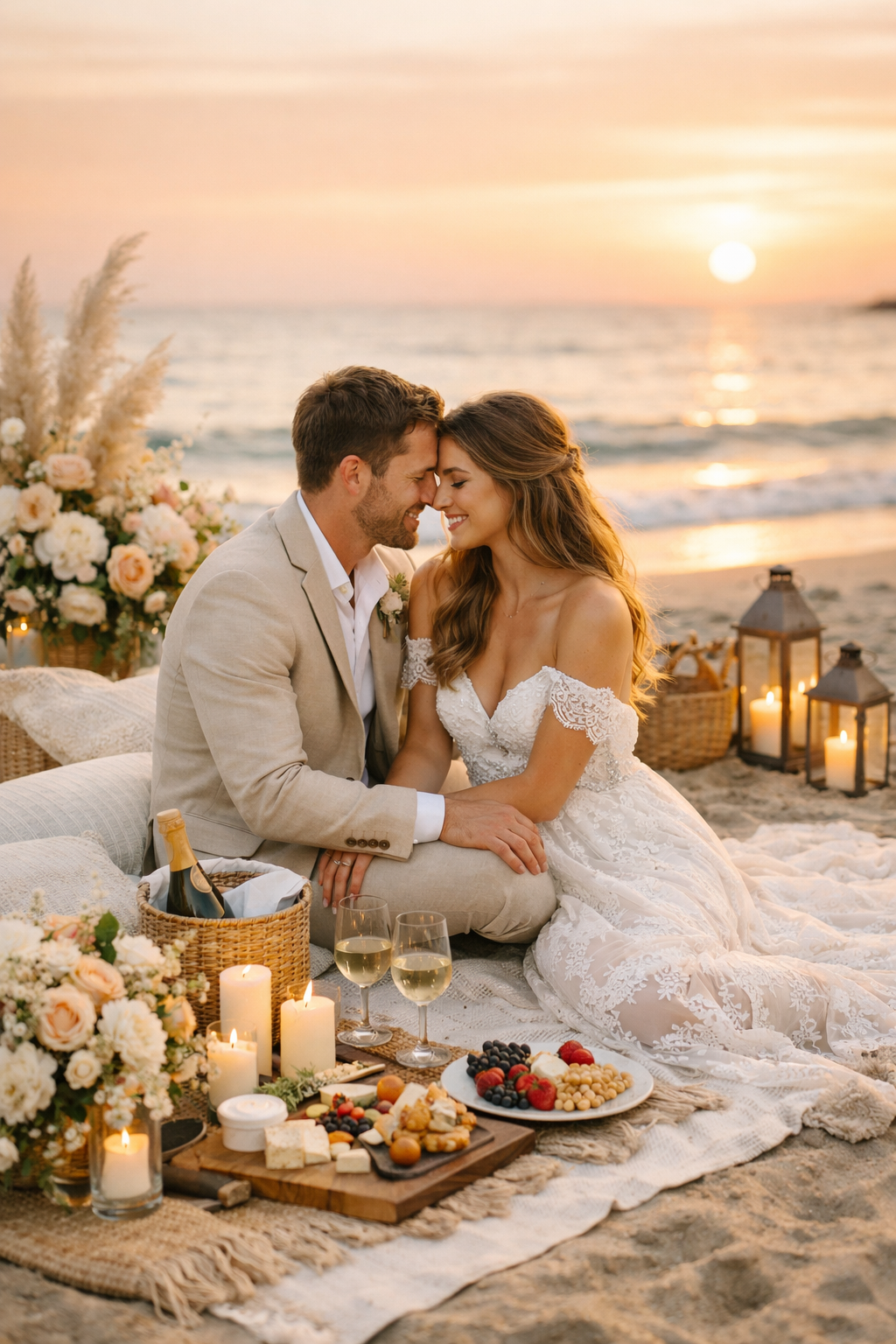 Couple enjoying a romantic picnic setup on the beach at sunset