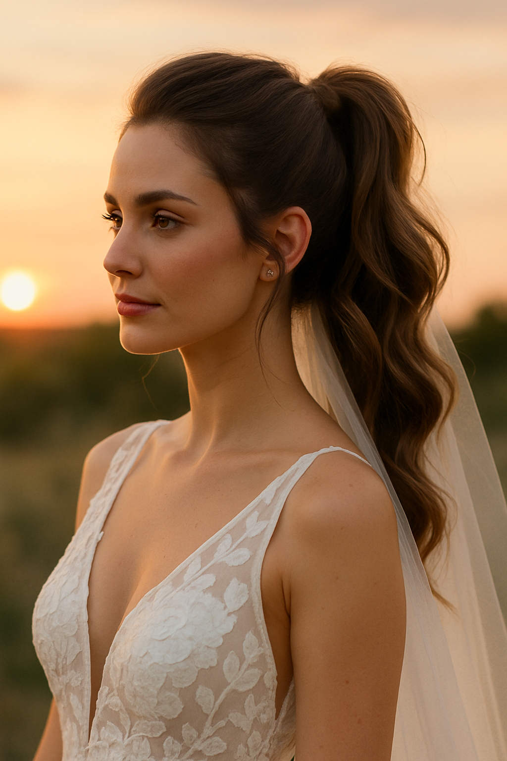 Bride with romantic ponytail hairstyle and veil during sunset