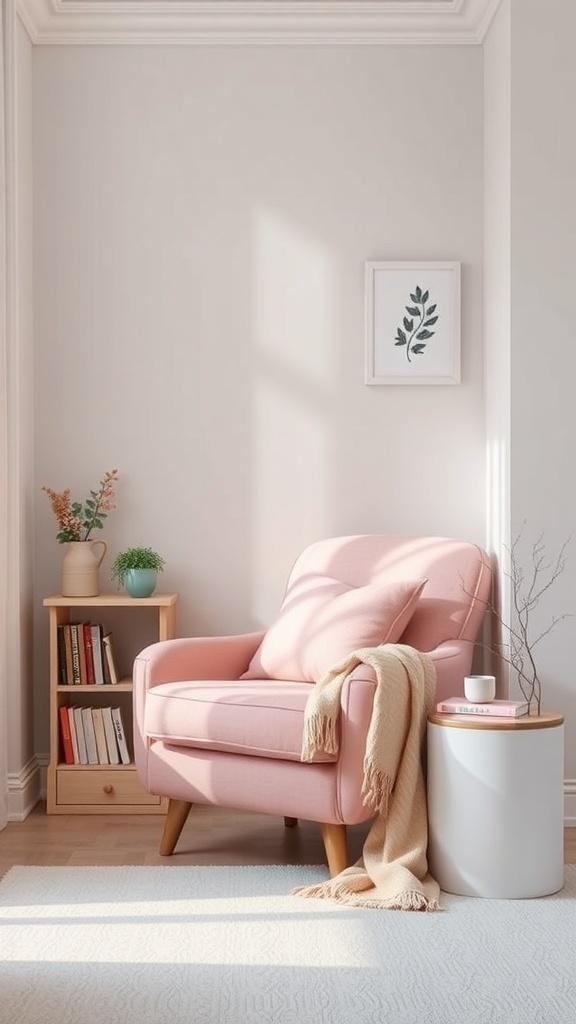 A cozy pink reading nook featuring a soft pink chair, a small bookshelf, a round side table, and a framed leaf print on the wall.