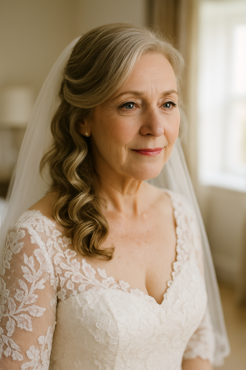 A mature bride with side-swept curls and a veil, wearing a lace wedding dress.