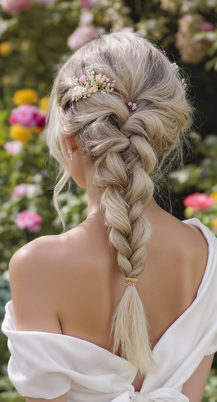 A romantic side braid hairstyle adorned with flowers, perfect for bridesmaids.