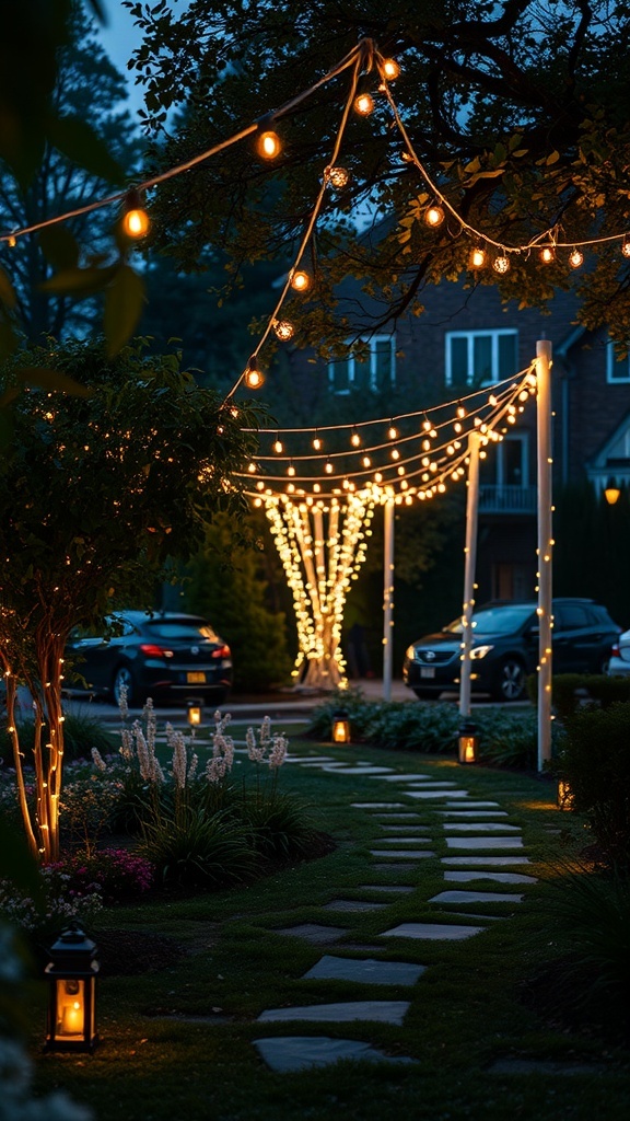 Garden pathway illuminated by string lights and lanterns, creating a romantic ambiance.