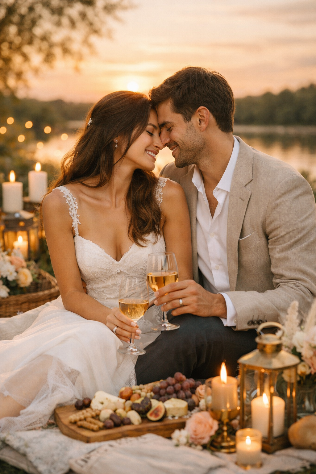 A couple enjoying a romantic picnic during sunset, holding glasses of wine, with flowers and candles around.