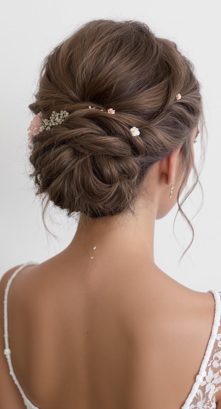 A romantic twisted bun hairstyle adorned with small flowers, showcasing a medium-length updo.
