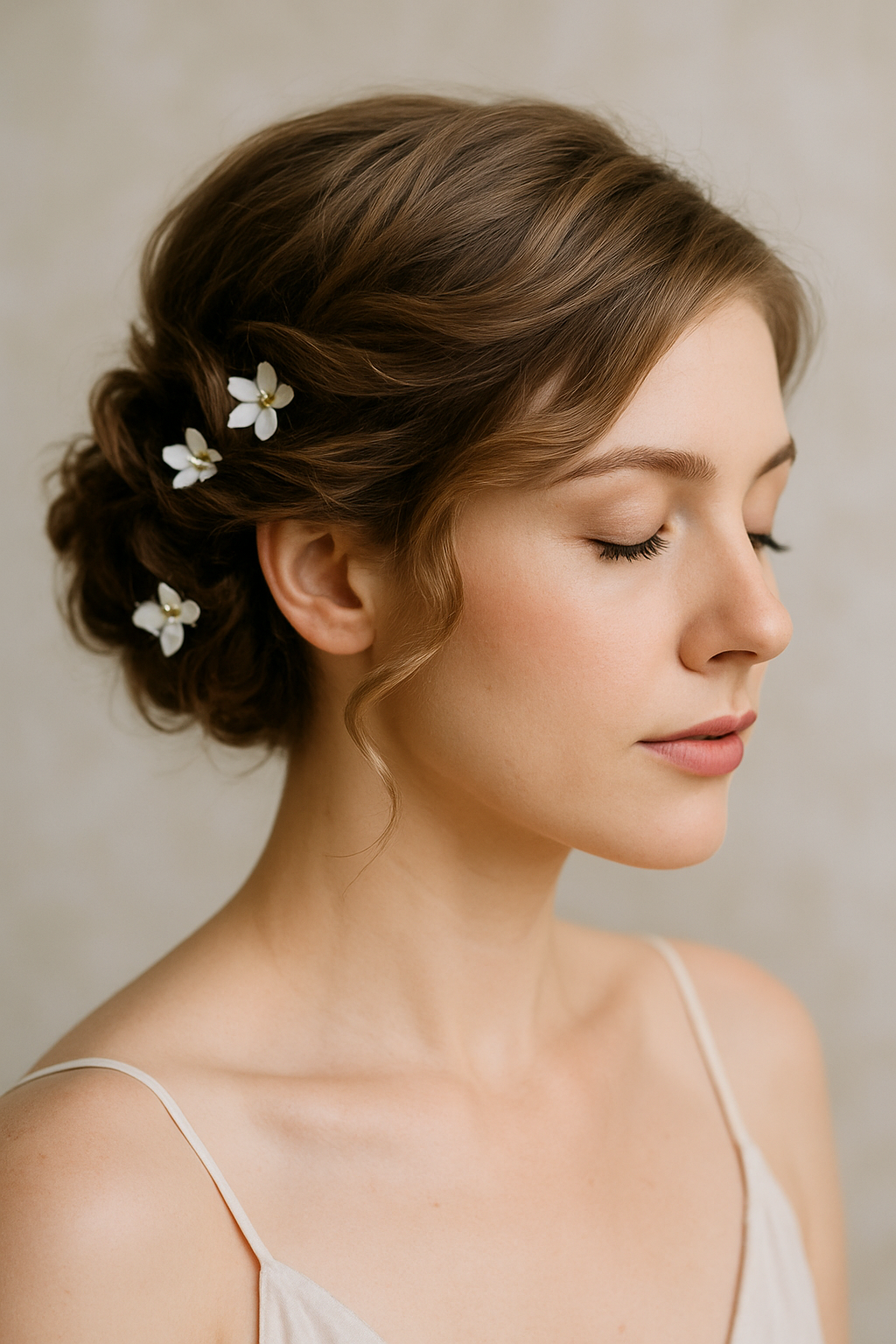 A woman with short hair styled in a romantic twisted bun, adorned with white flowers.