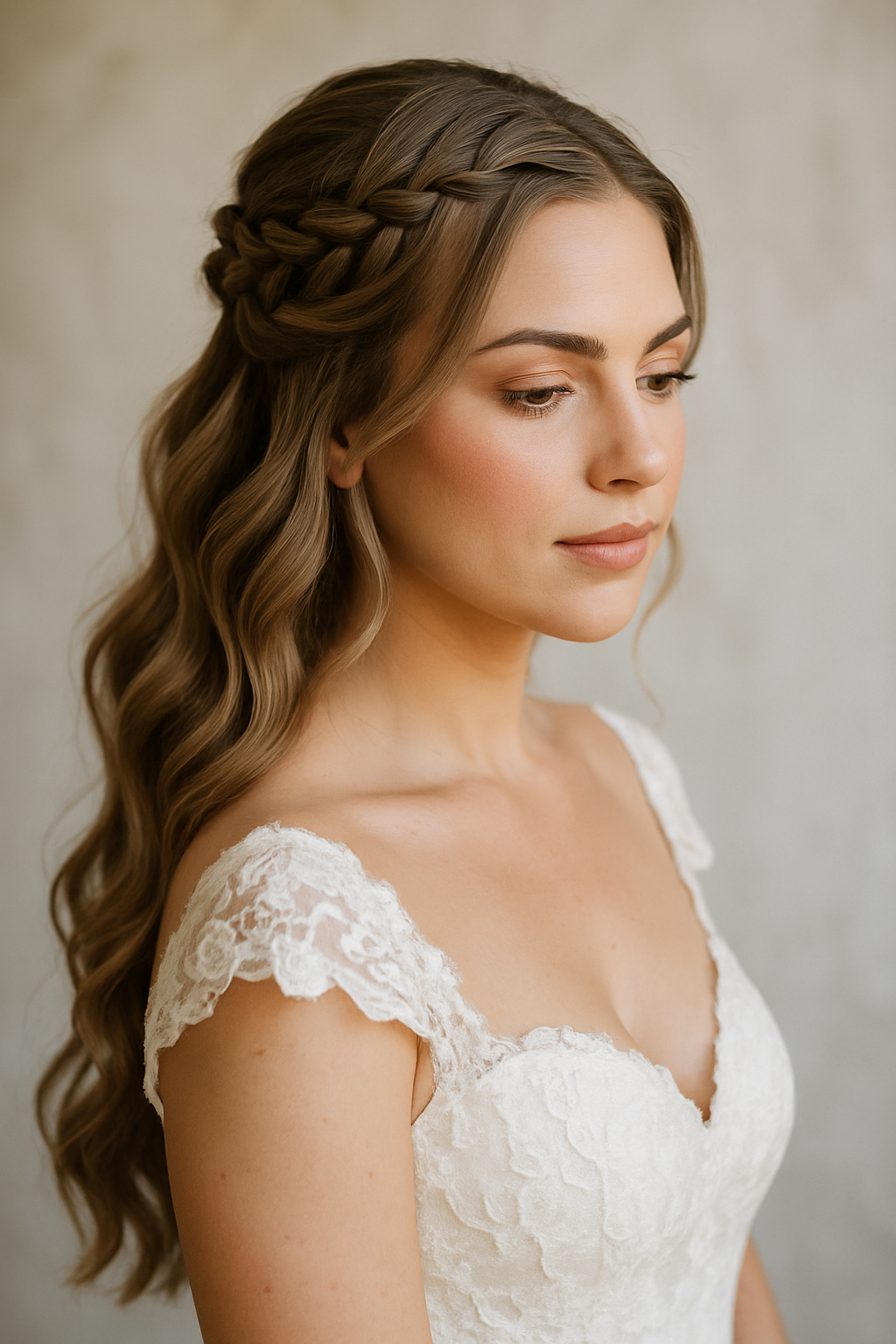 Bride with a romantic waterfall braid hairstyle, featuring loose waves and a delicate braid framing her face.