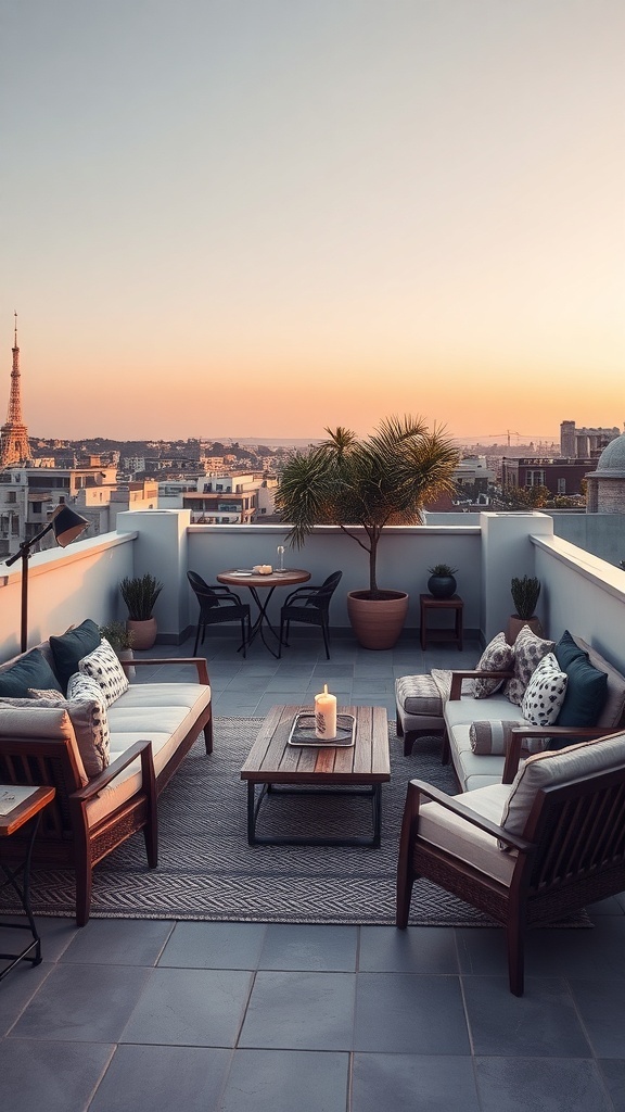 Rooftop terrace with seating and city views at sunset