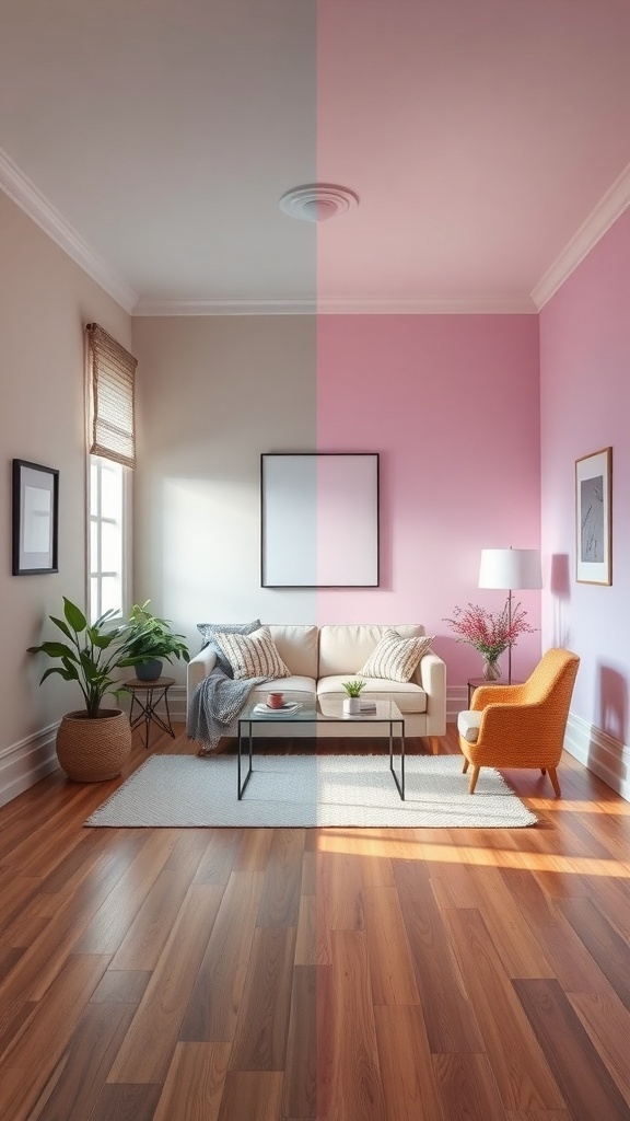 Split living room showcasing beige and pink wall paint, emphasizing the effect of ceiling color on room size perception.