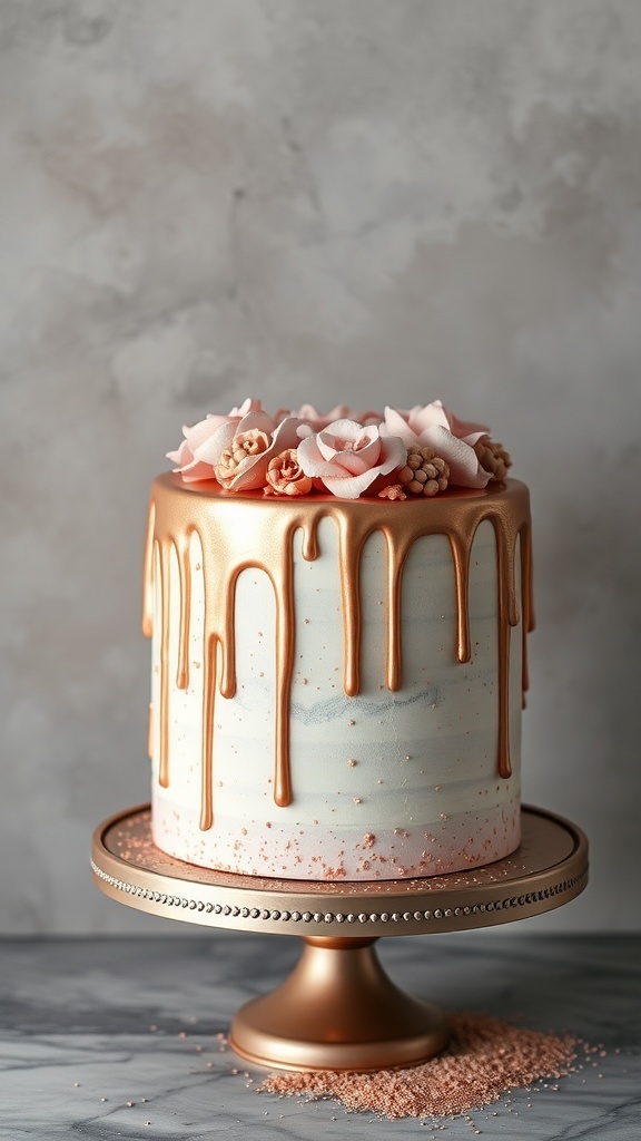 A beautifully decorated rose gold drip cake with edible flowers on top.