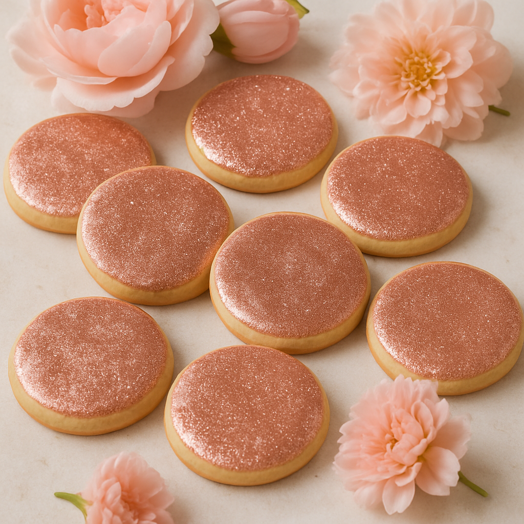 A collection of round cookies with a rose gold glitter finish, surrounded by soft pink flowers.