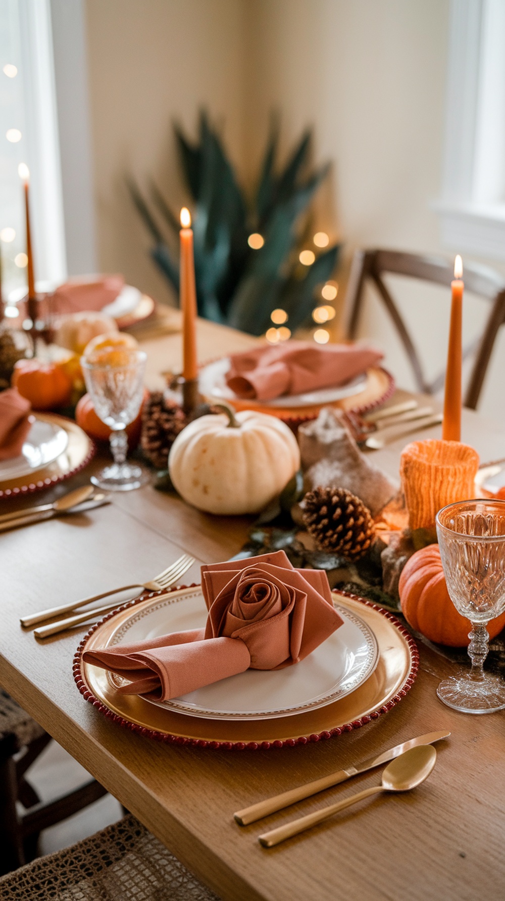A beautifully set Thanksgiving table featuring rose napkin folds, pumpkins, and candles.