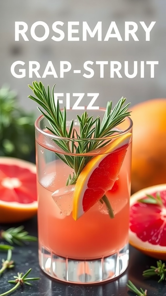 A refreshing glass of Rosemary Grapefruit Fizz garnished with grapefruit slices and rosemary sprigs.