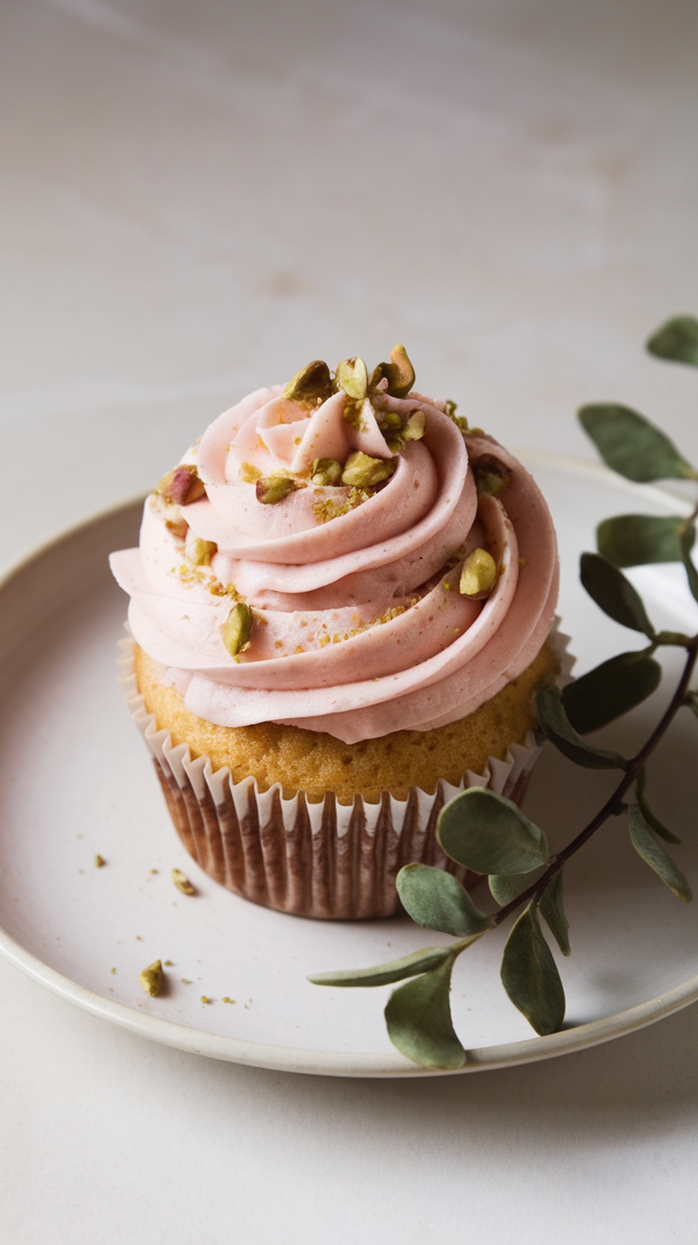 Cupcake with rosewater frosting and pistachio topping on a plate