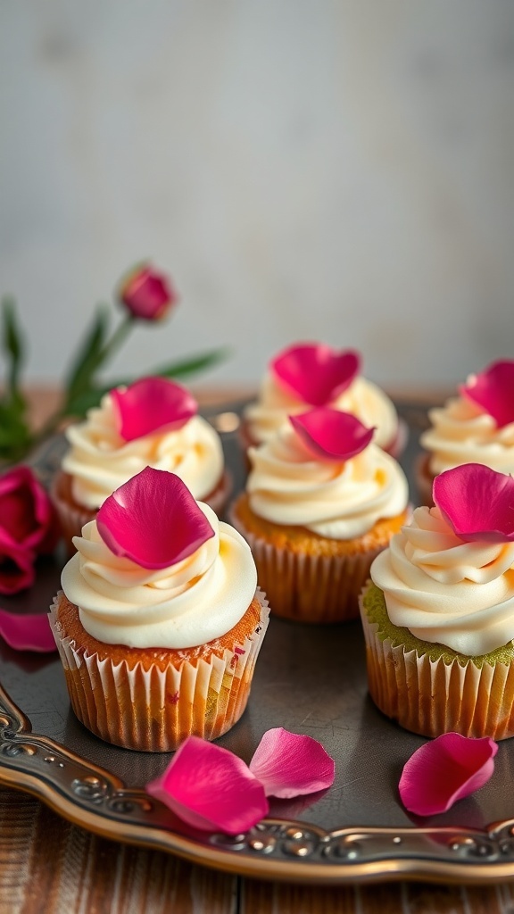 Beautiful rosewater pistachio cupcakes with pink rose petal garnish