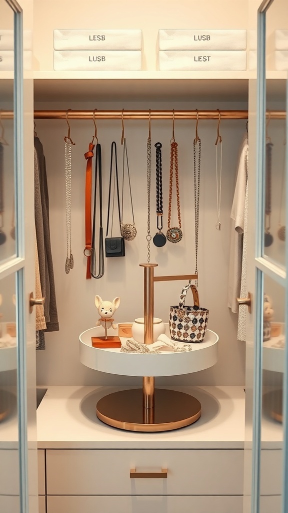 A small closet with a rotating accessory tray displaying necklaces and other items.